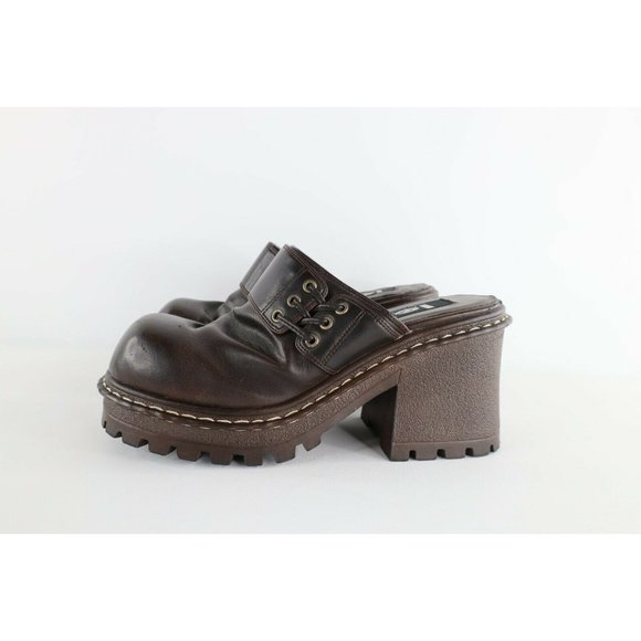 Vintage 90s Grunge Goth EDM Womens Size 8 Chunky Lace Platform Heels Shoes Brown - Picture 4 of 12